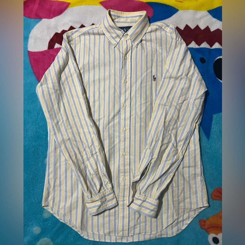 🐎 Ralph Lauren Men’s Long Sleeve Yellow Striped Polo Button Shirt - Size…